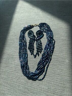 Vintage iridescent multi-strand bugle bead necklace & earring set